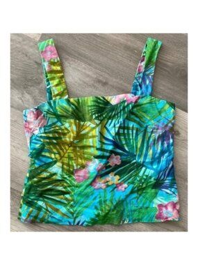 Maggy London Petites Linen Tank Cami Top Green Blue Tropical Palm Print 4 Petite
